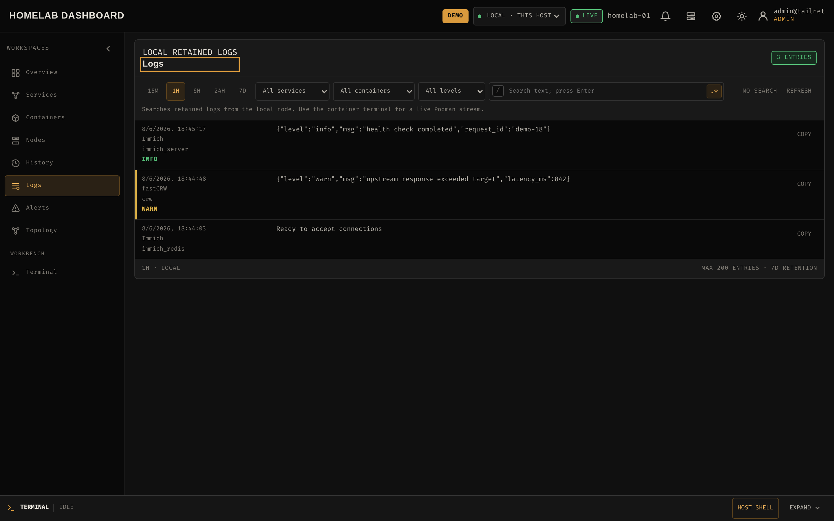 Logs workspace with regex search