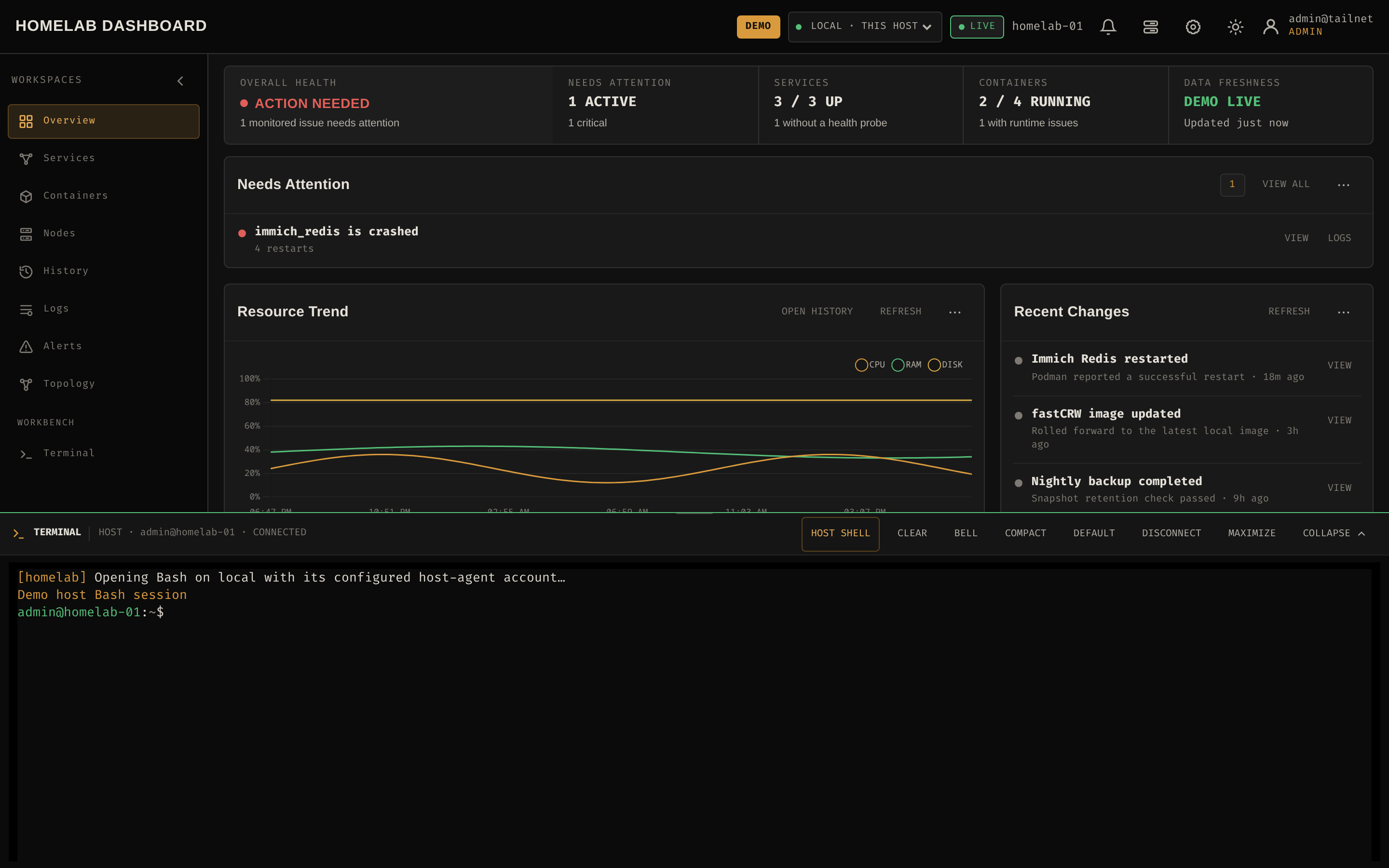 Terminal workbench with an interactive host shell